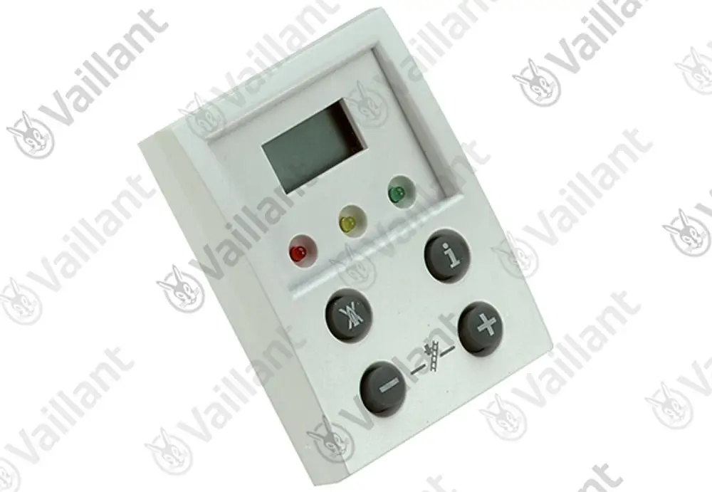 Vaillant Steuerungseinheit mit Display und Tasten zur Bedienung, in grauer Farbe, zur Regelung von Heiz- oder Warmwassersystemen.